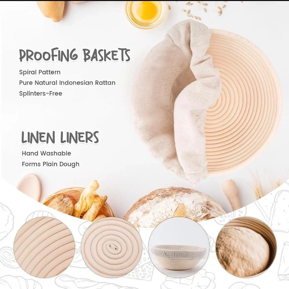 Set of 2 Round Rattan Bread Proofing Banneton‎ Baskets with Linen Liners Natural